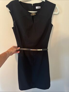 Calvin Klein Black Sleeveless Sheath Dress with Metallic Accent Belt